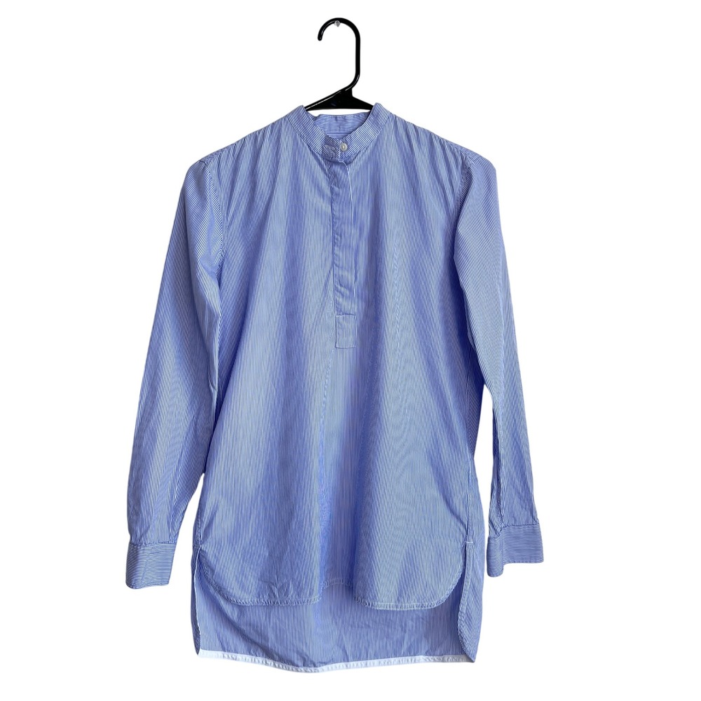 Ann Mashburn Blue Stripe Button Up‎ Popover Henley Dress Shirt